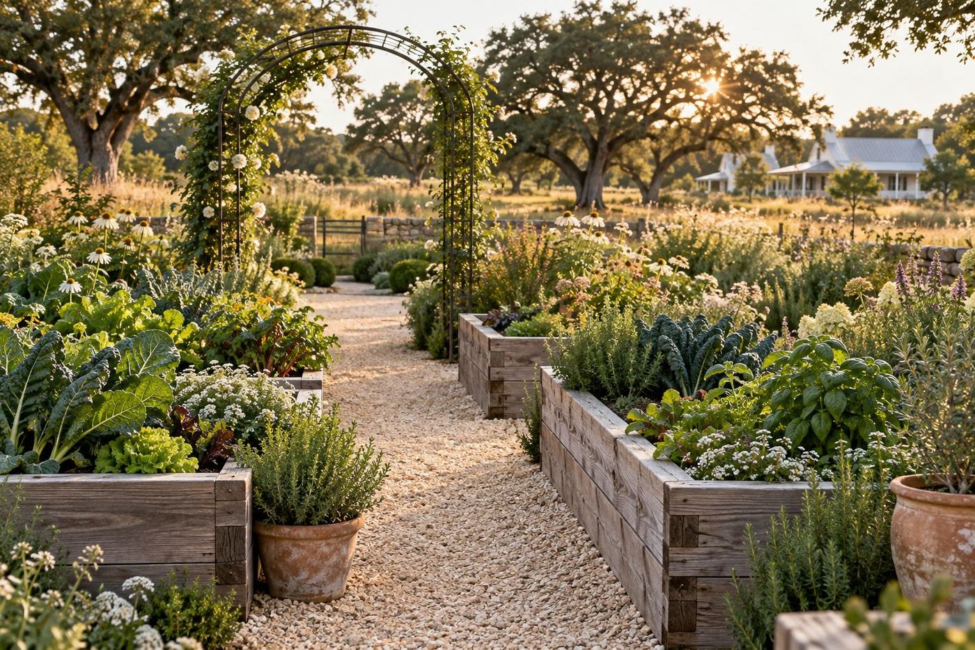 An imagined country kitchen garden with cedar raised beds, a gravel path, an arched trellis, and flowering borders in warm evening light