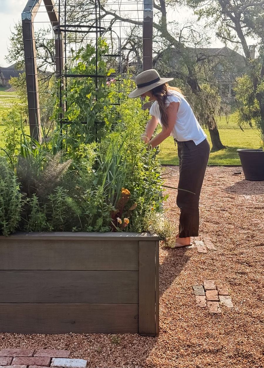 A gardener in a wide-brimmed hat tending a lush raised bed beside a garden trellis